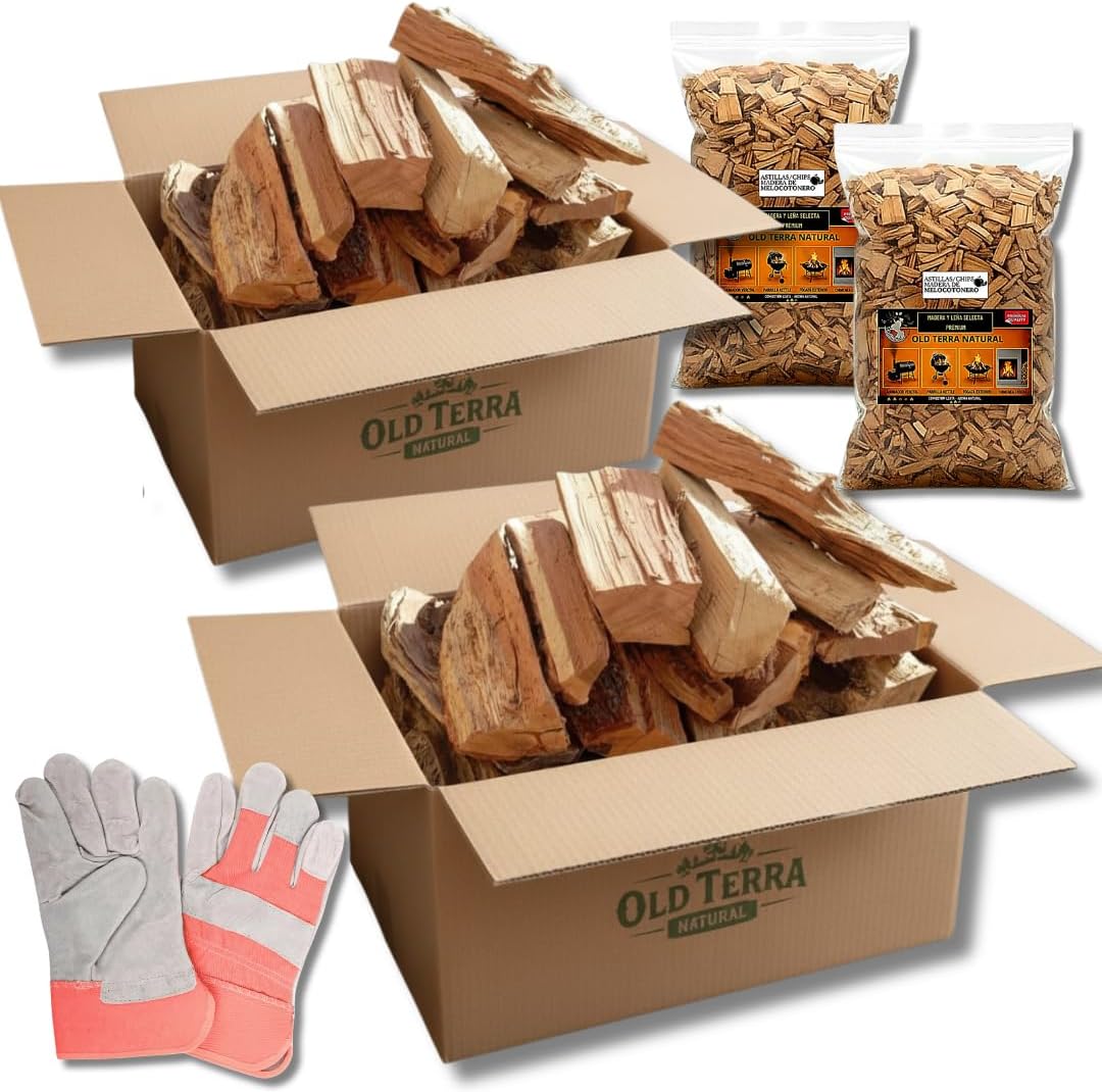 2 Cajas Kit Leña Premium 20kg para Chimenea, Barbacoa y Horno de Pizza | Troncos seleccionados, 2 Astillas de Frutal y un par de Guantes de Cuero de Calidad