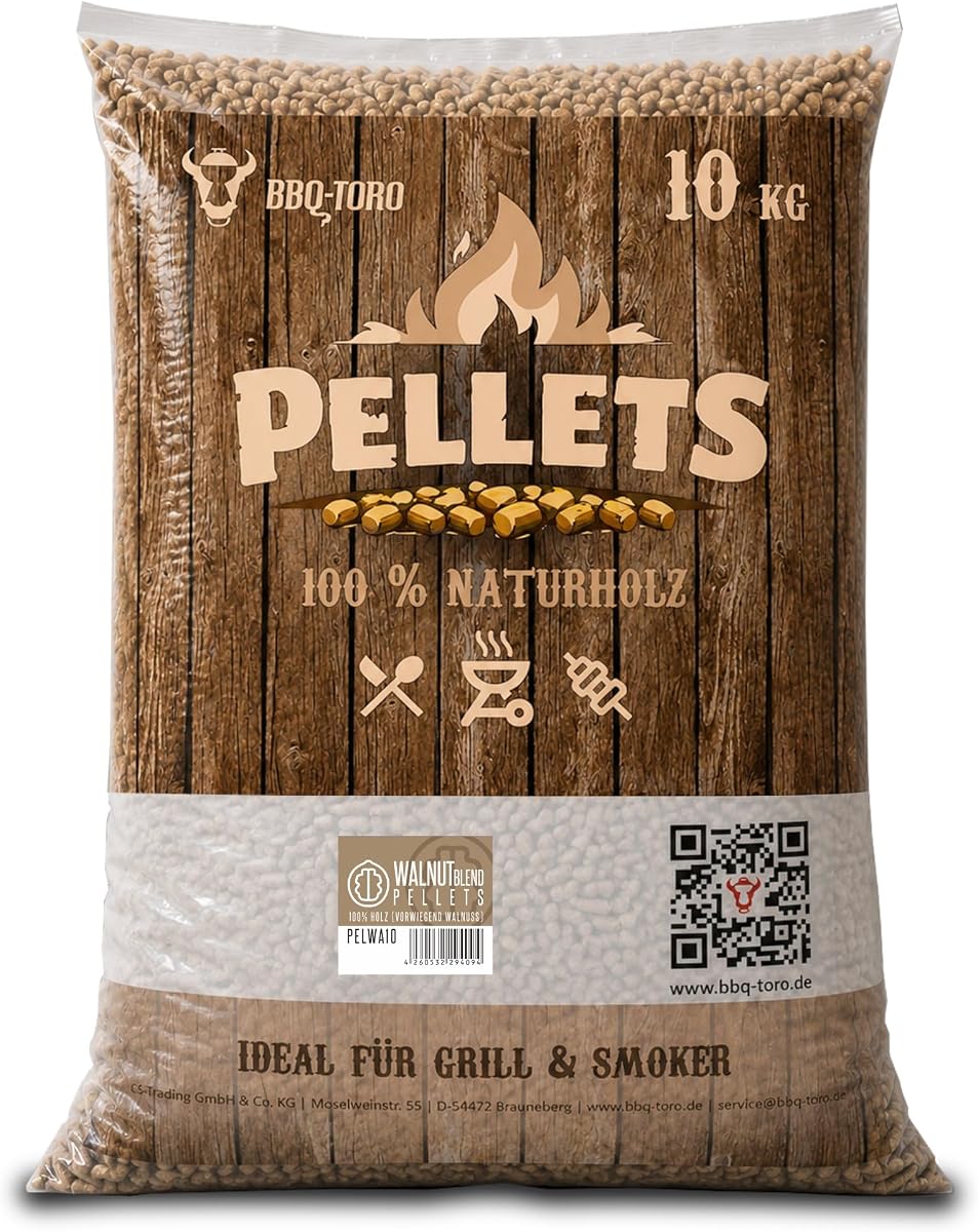 BBQ-Toro Pellets para Barbacoa de 100% Madera de Nogal (en su mayoria) | 10 kg | Pellets de Nogal para Barbacoa, Ahumador, Horno de Pizza de Pellets y Sistemas de Calefacción | Pellets de Madera