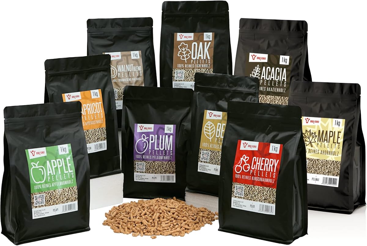 BBQ-Toro Set de Pellets 100% Madera | 9 Variedades de 1 Kg c/u | Kit para Barbacoa, Ahumador, Horno para Pizza y Sistemas de Calefacción | Pellets Surtidos
