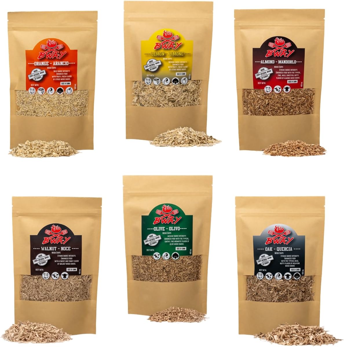 BWAY Madera para Ahumador de Alimentos Profesional - Olivo, Naranja, Almendra, Limón, Nuez y Roble (6 x 400 ml)- Ebook de Regalo con 20 Recetas - Regalos para Chefs - Ideales para Ahumar