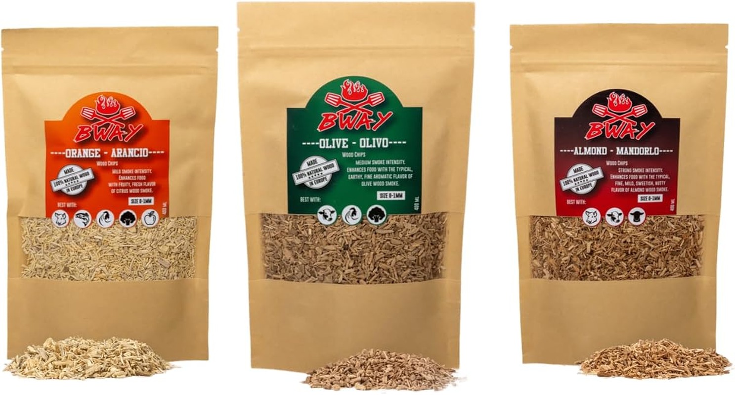 BWAY Madera para Ahumador de Alimentos Profesional - Olivo, Naranjo, Almendro (3x400 ml) - Ebook de Regalo con 20 Recetas - Regalos para Chefs - Ideales para Ahumar Carne, Pescado, Verduras y Còcteles