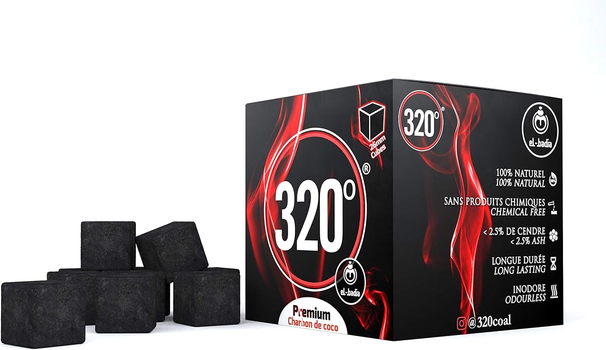 Carbón de Coco Natural 26mm para Cachimba y BBQ – 320° Premium Hookah Shisha Carbón Vegetal 1KG (64 Cubos) – Larga Duración, Sin Olor, Bajo en Ceniza