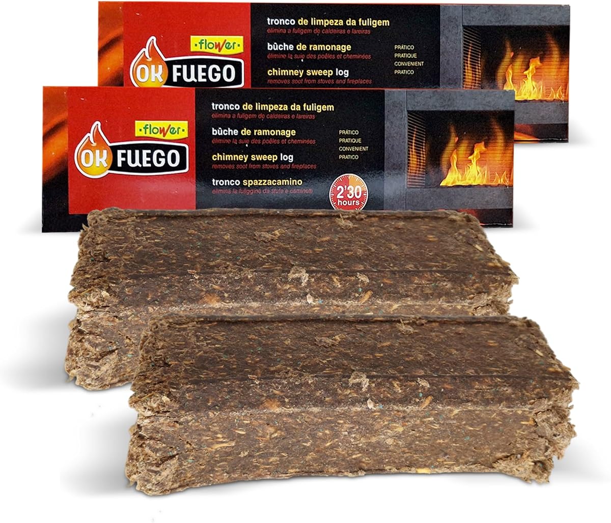 FLOWER x2 Tronco Deshollinador Autolimpieza Chimeneas y Estufas 1,5 KG | Elimina y Previene Acumulación Hollín | Arde 2,5 Horas | Fácil de Usar | Reduce Consumo Combustible | Evita Incendios y Atascos