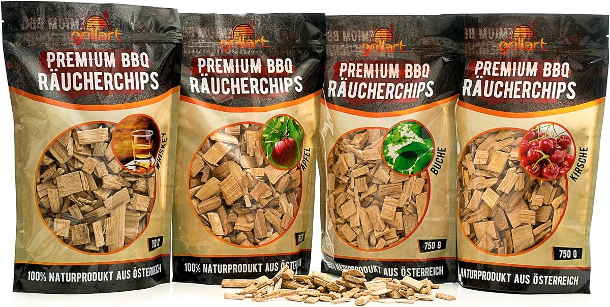 grillart Premium BBQ - Juego de 4 virutas para ahumar para barbacoa para un aroma especial de humo, madera ahumada muy activa/virutas de madera, pack de 4 bolsas de 750 g