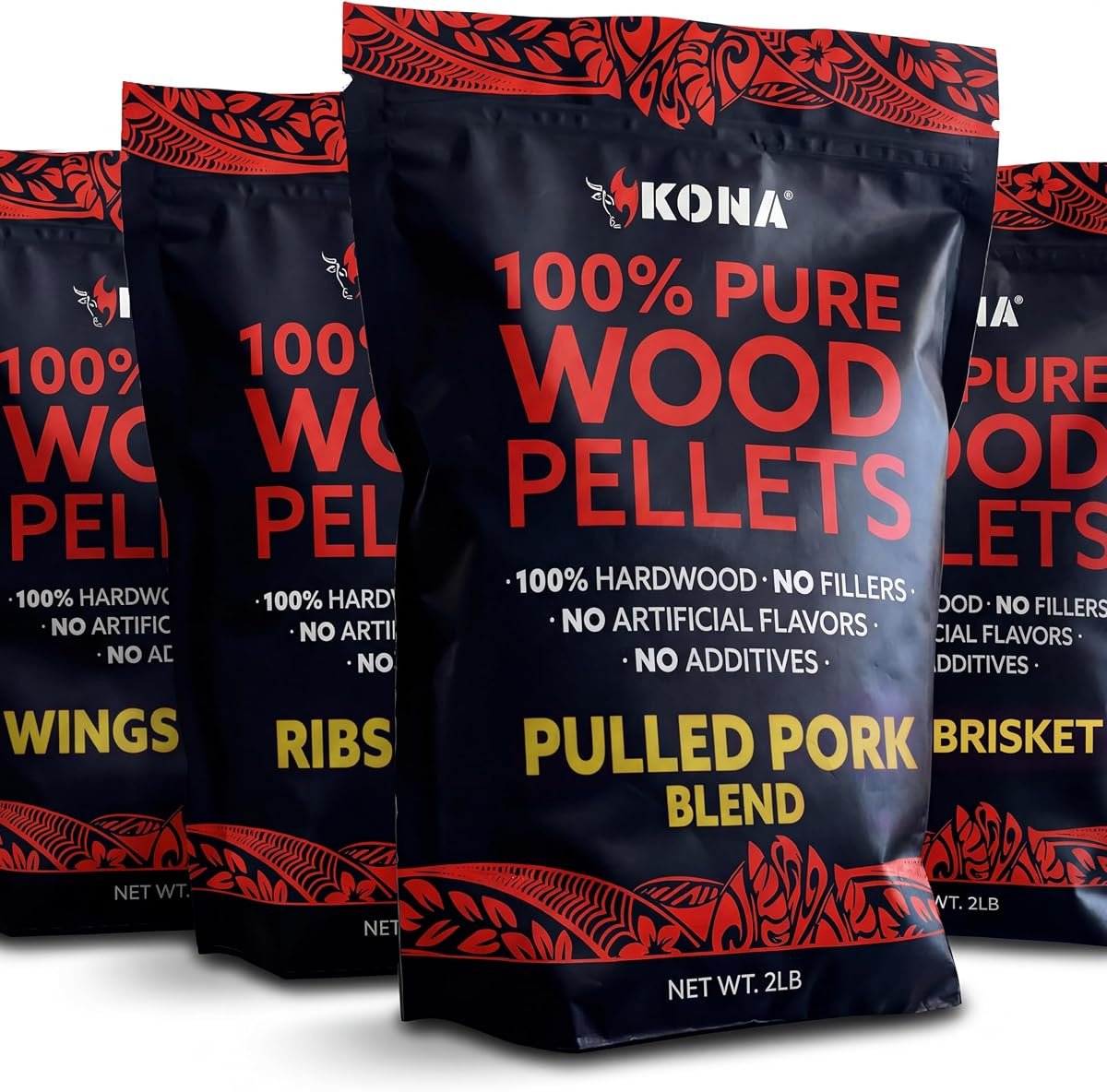 Kona Pellets de madera, costillas, alas y mezcla de cerdo desmenuzado, paquete variado, diseñado para parrilla Ninja Woodfire al aire libre, horno de leña, 4, bolsas resellables de 2 libras