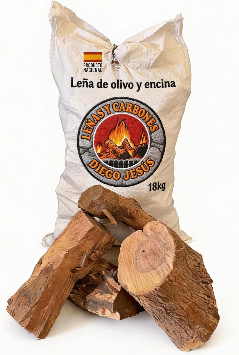 Leña de Encina y Olivo 18 kg para Barbacoas Hornos de Pizza y Chimeneas Alta Densidad Brasas Duraderas Combustión Eficiente Madera Seleccionada Secada