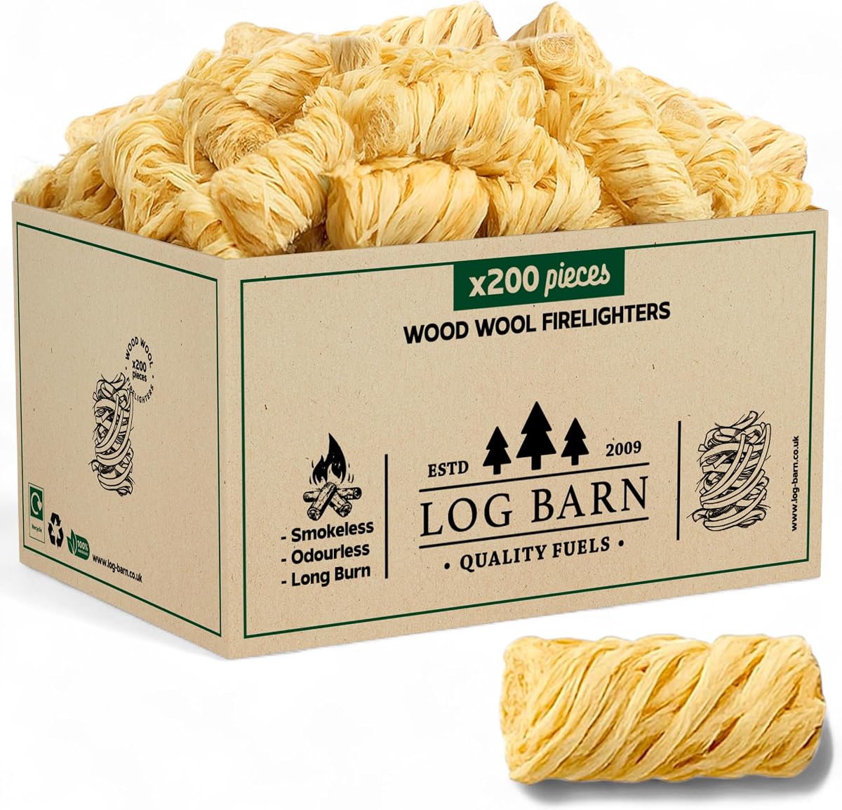 Log Barn Encendedores Naturales - Caja de 200, Pastillas de Encendido para Barbacoa, Estufas de Leña, Hornos de Pizza, Chimeneas, Lana de Madera para Encender Fuego - Auténtica Leña Log Barn