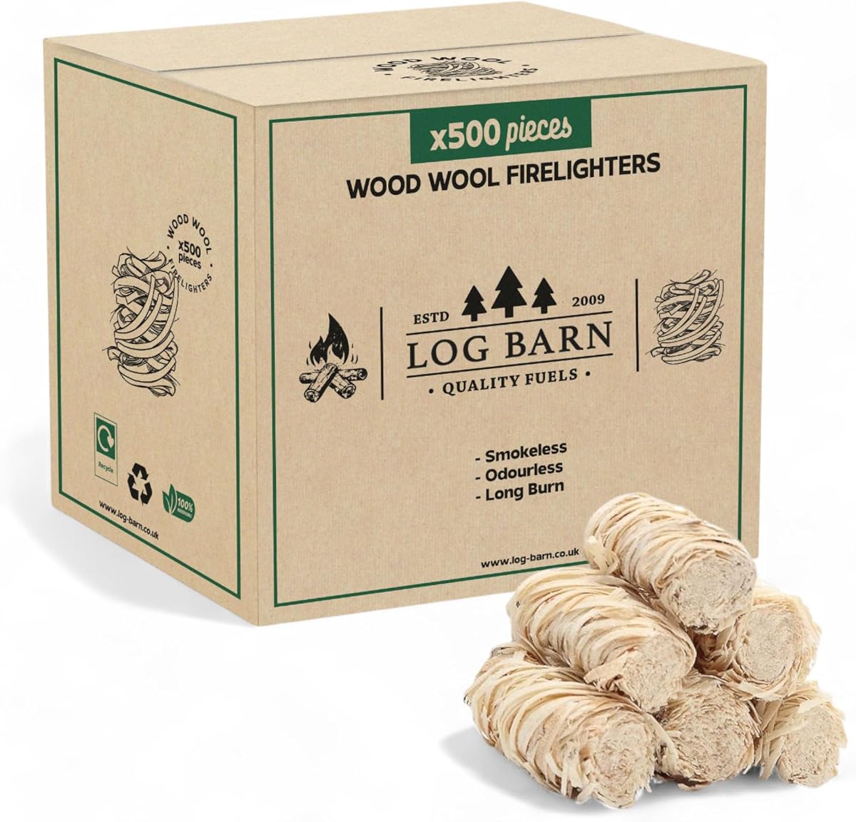 Log Barn Encendedores Naturales - Caja de 500, Pastillas de Encendido para Barbacoa, Estufas de Leña, Hornos de Pizza, Chimeneas, Lana de Madera para Encender Fuego - Auténtica Leña Log Barn
