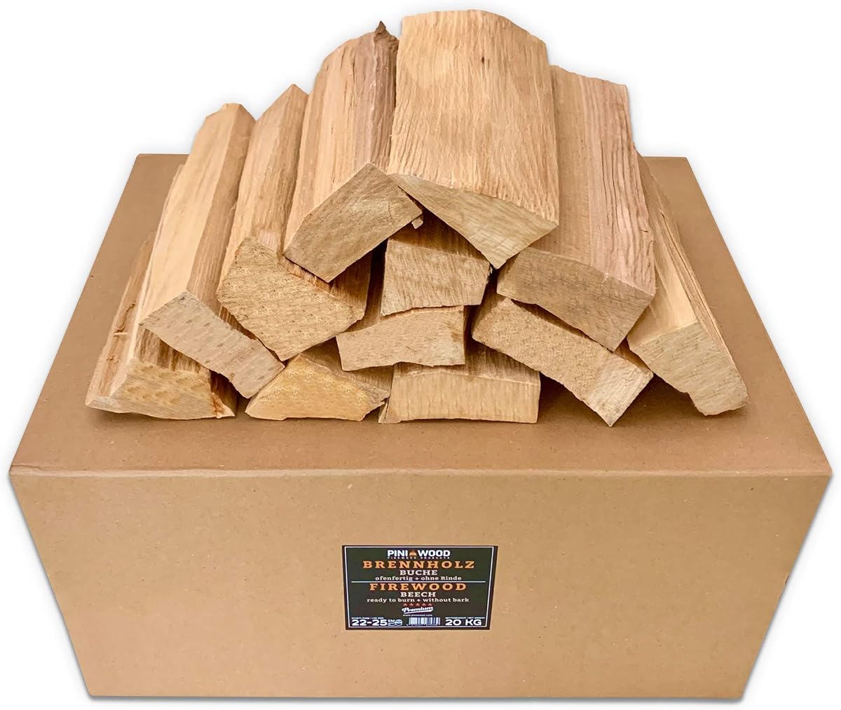 PINI Barbacoa de madera sin corteza de haya, 20 kg, aprox. 25 cm, para horno de pizza, barbacoa, ahumador, chimenea, brasero