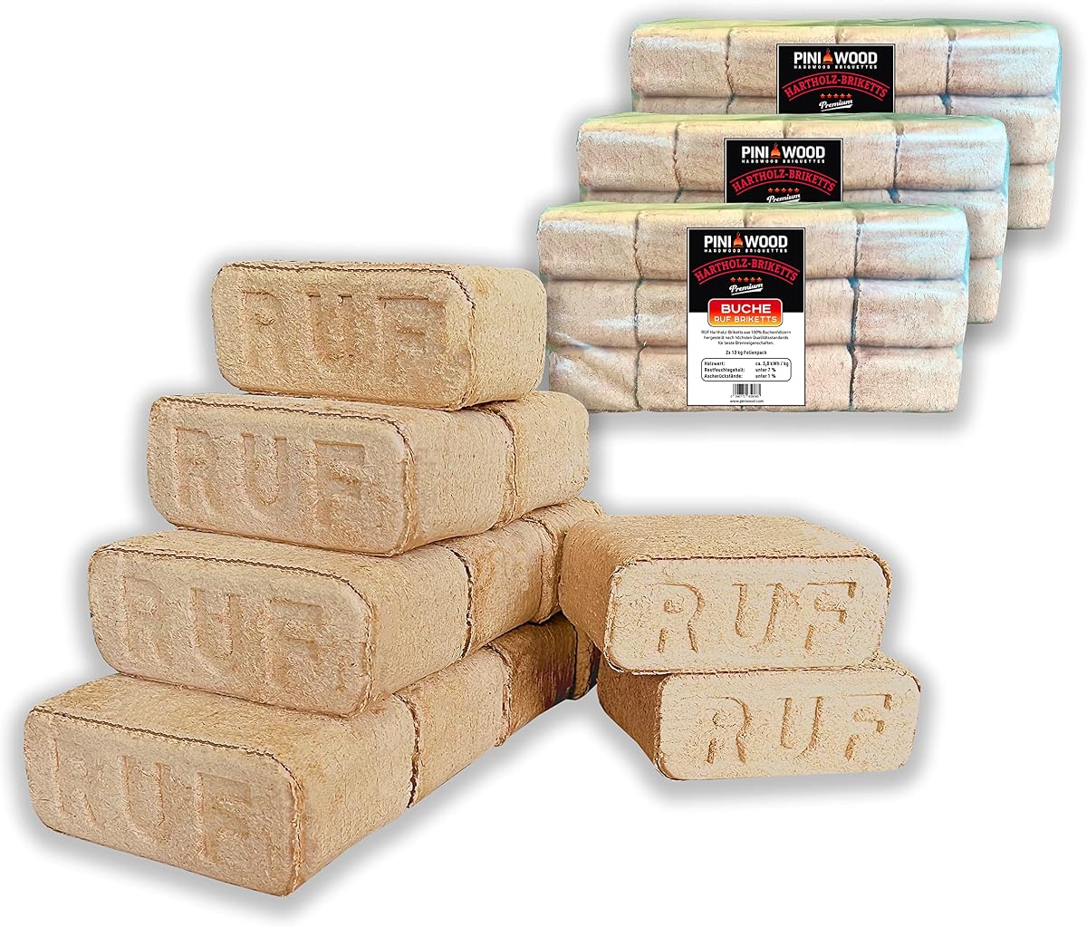 PINI Briquetas de madera de haya 100% de madera de haya RUF para chimenea, horno, barbacoa, hoguera de leña (30 kg)