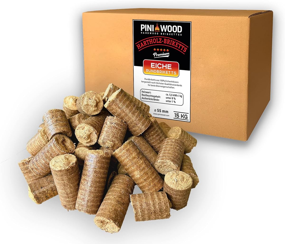 PINI Briquetas de madera dura, 100% roble, 15 kg, chimenea, estufa, leña, barbacoa, briquetas de roble con larga duración de combustión