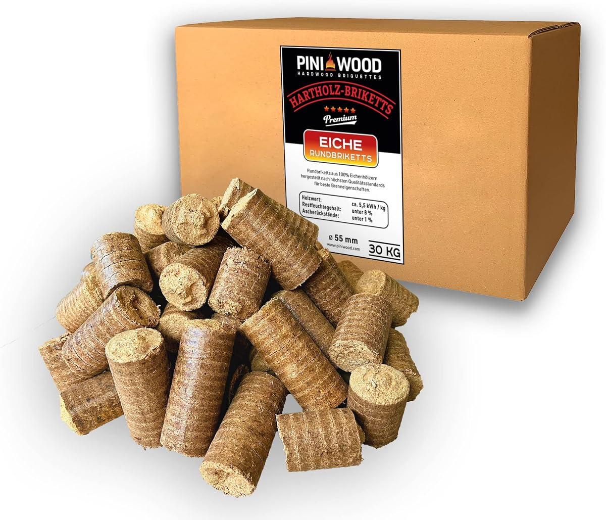 PINI Briquetas de madera dura, 100% roble, 30 kg, chimenea, estufa, leña, barbacoa, briquetas de roble con larga duración de combustión