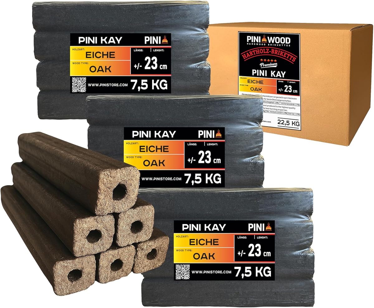 PINI Kay Briquetas de madera de roble, 23 cm de largo, cuadradas con agujero de tracción, 22,5 kg, briquetas de madera dura, briquetas de madera de roble, chimenea, horno y barbacoa