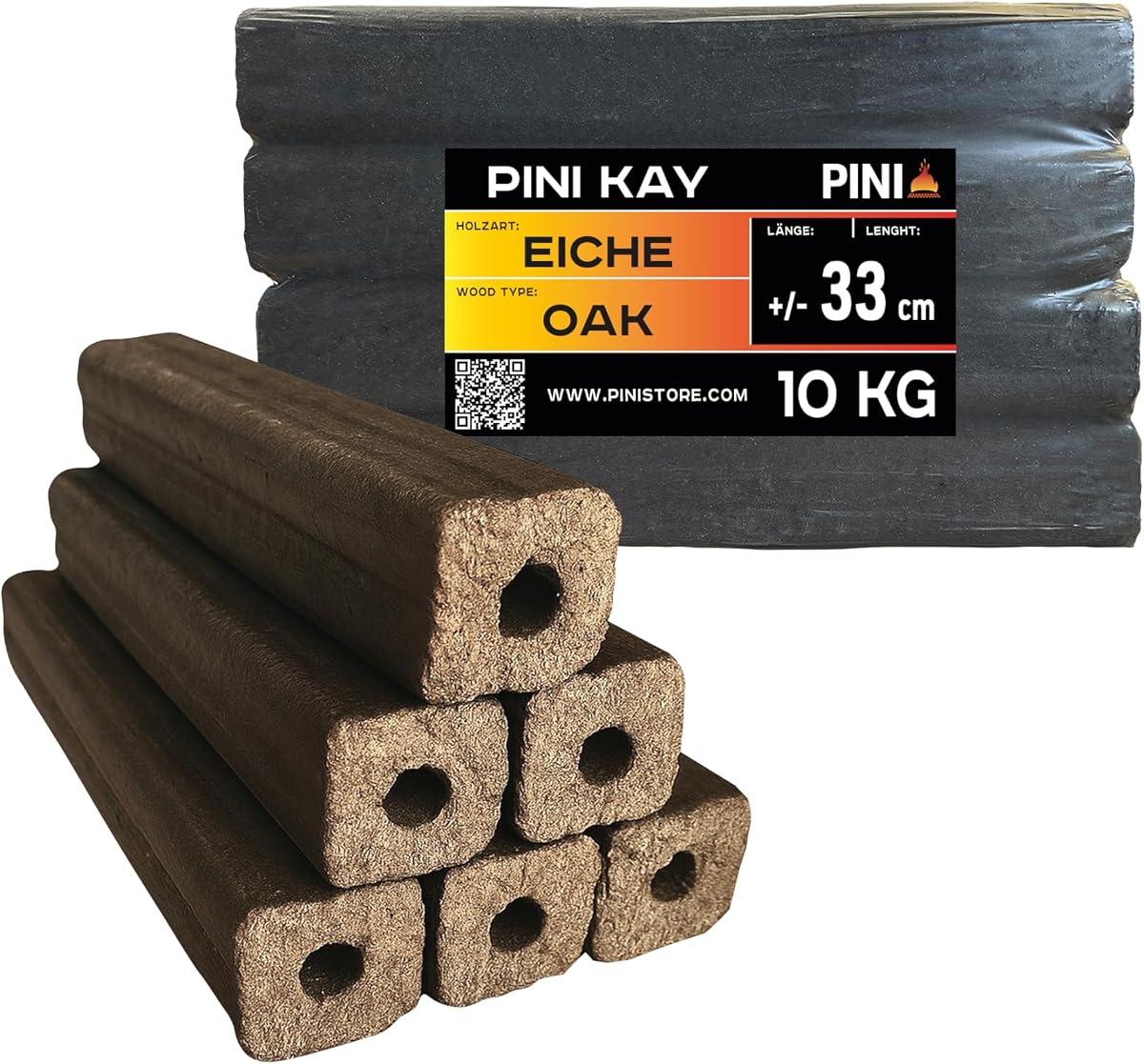 PINI Kay Briquets de roble de 33 cm de largo, cuadrados con orificio de extracción, 10 kg de briquetas de madera dura, leña, briquetas de madera, roble, para chimenea, estufa, fogata, parrilla