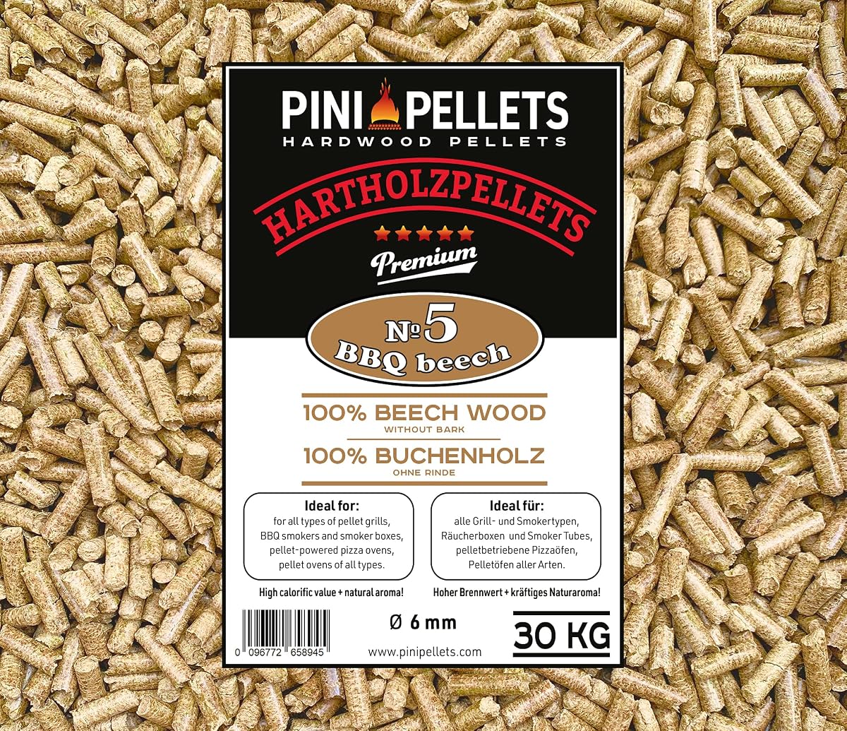 PINI Pellets de madera dura 100% haya № 5 BBQ Beech 30 kg Grillpellets para asar, ahumar, calentar