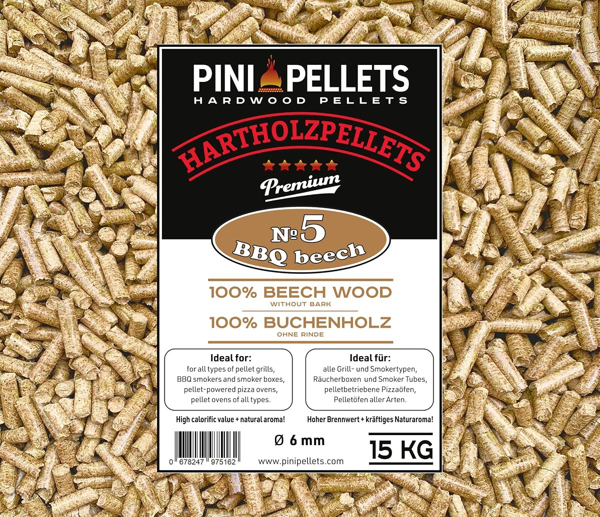 PINI Pellets de Madera Dura 100% Haya № 5 BBQ Haya 15 Kg Gránulos de Parrilla para Asar, Fumar, también para hornos de Pizza operados con pellets
