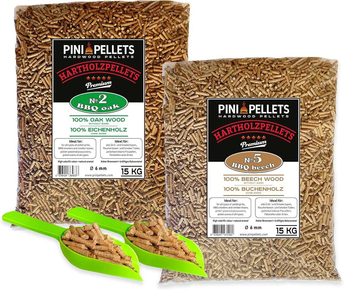 PINI Pellets de madera dura de roble 15 kg + haya 15 kg para barbacoa, ahumador, horno de pizza y sistemas de calefacción