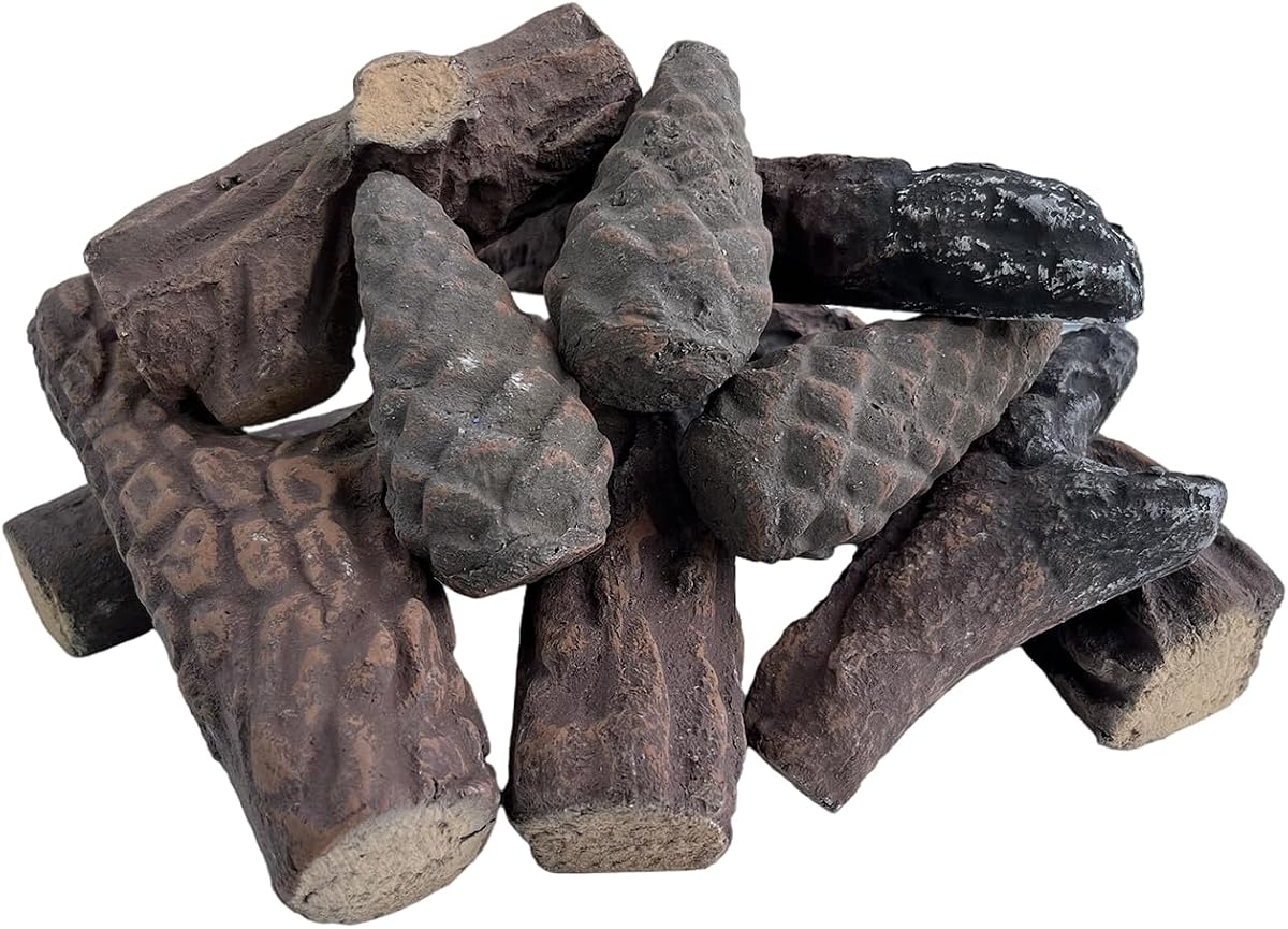 Troncos de gas para chimenea, 10 troncos de cerámica pequeños, juego de troncos decorativos de madera de cerámica para inserciones de gas en interiores y exteriores, ventilados, sin ventilación,