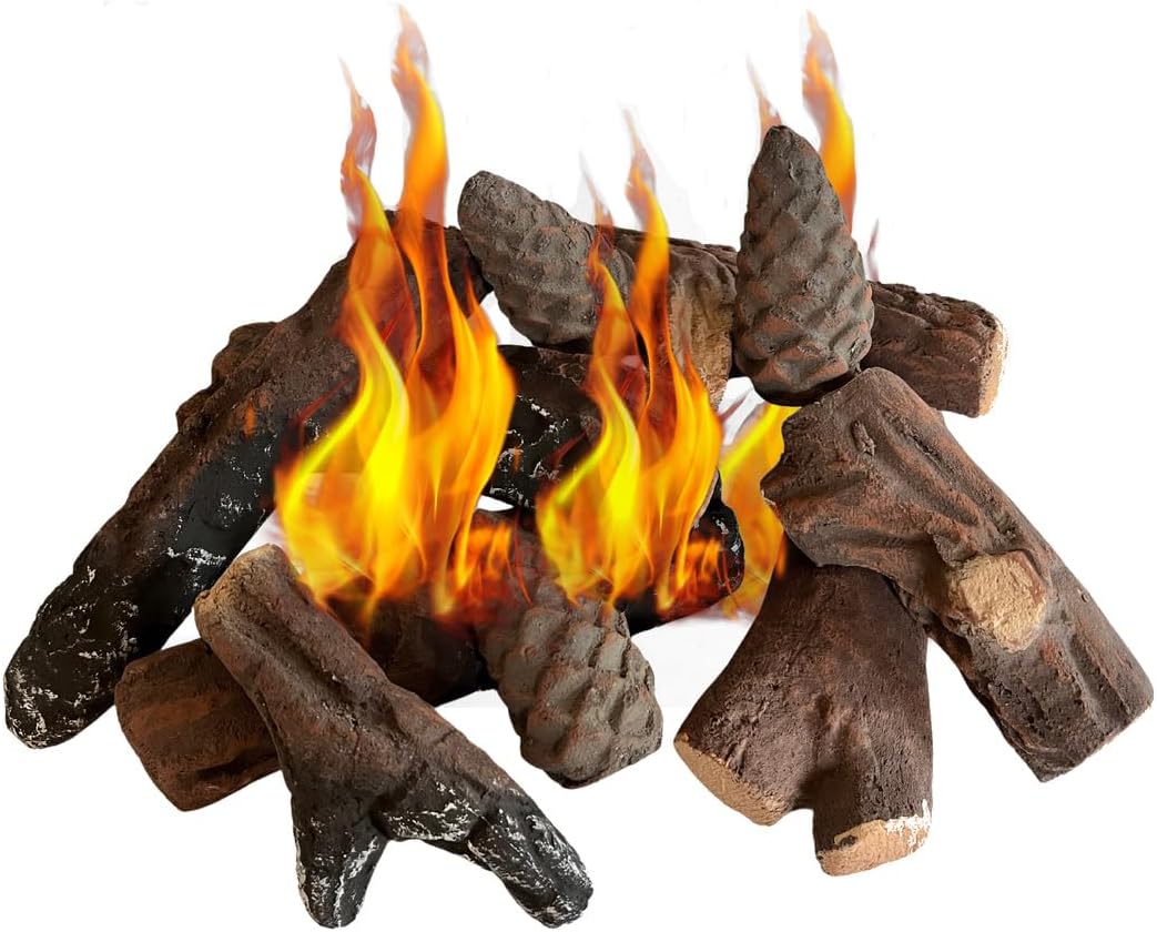 Ukiyo Leña de cerámica de 10 piezas – Madera de cerámica para chimenea de etanol y de gas, resistente al calor hasta 1000 grados, troncos decorativos con 3 piñas