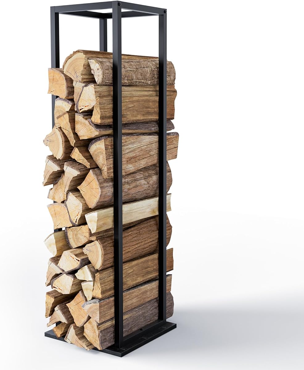 VOUNOT® Soporte de Madera Vertical de Metal 33 x 33 x 112 cm, Leñero con Estantería, Estante de Registro de Chimenea para Interior y Exterior, Negro