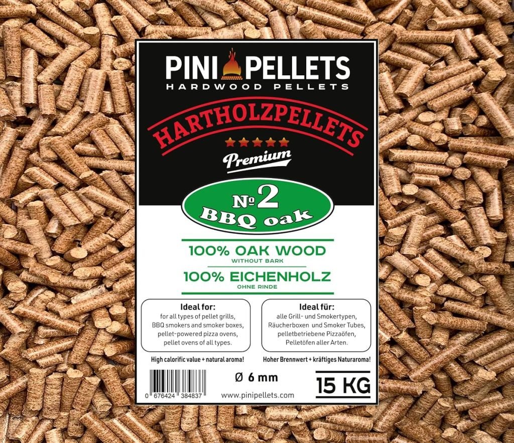 PINI Grillpellets 15 kg - Pellets de madera 100% roble No2 para asar, ahumar, también para hornos de Pizza operados con pellets