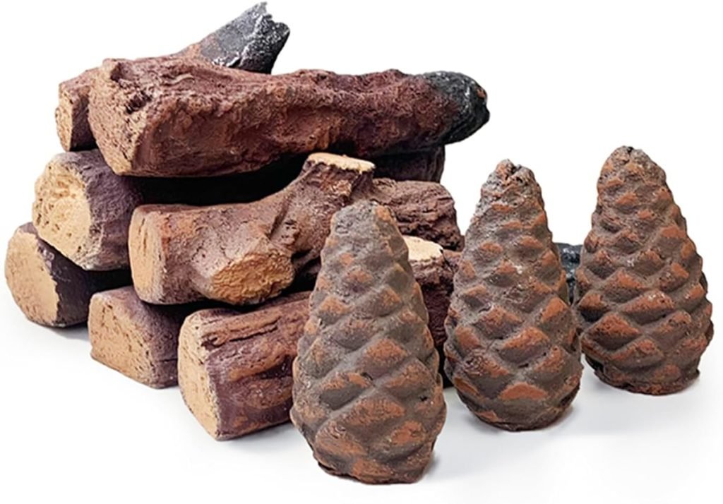 Troncos de chimenea de gas, 10 troncos pequeños, juego de leña cerámica decorativa para interiores y exteriores, ventilados, sin ventilación, eléctricos, bioetanol