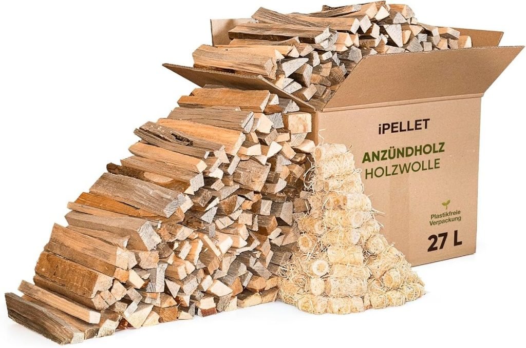 Leña de pino, caja de 27 litros (aprox. 7 kg) con encendedores de lana de madera, producto natural, encendedor para estufa, barbacoa y hoguera