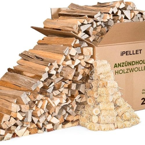 Leña de pino, caja de 27 litros (aprox. 7 kg) con encendedores de lana de madera, producto natural, encendedor para estufa, barbacoa y hoguera
