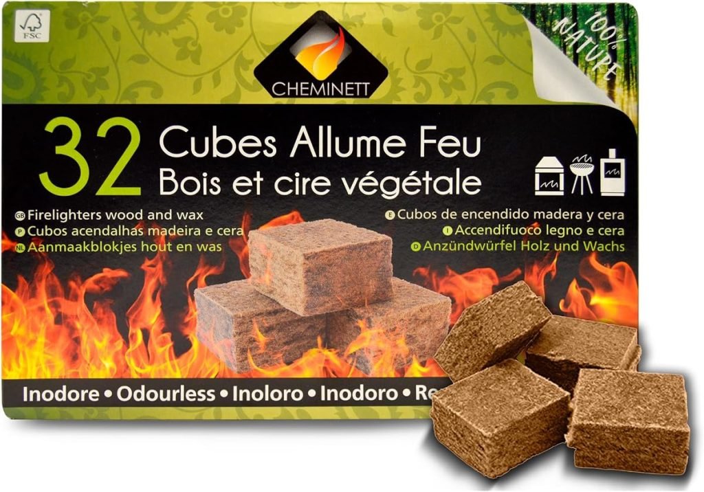 15751-32 Cubos Encendido precortados Cheminett naturales para encender chimeneas, estufas y barbacoas