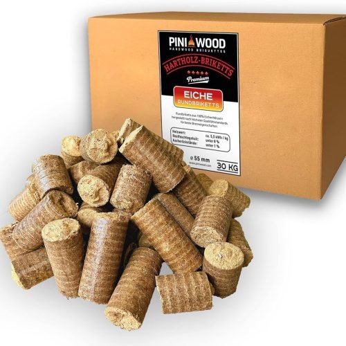 PINI Briquetas de madera dura, 100% roble, 30 kg, chimenea, estufa, leña, barbacoa, briquetas de roble con larga duración de combustión