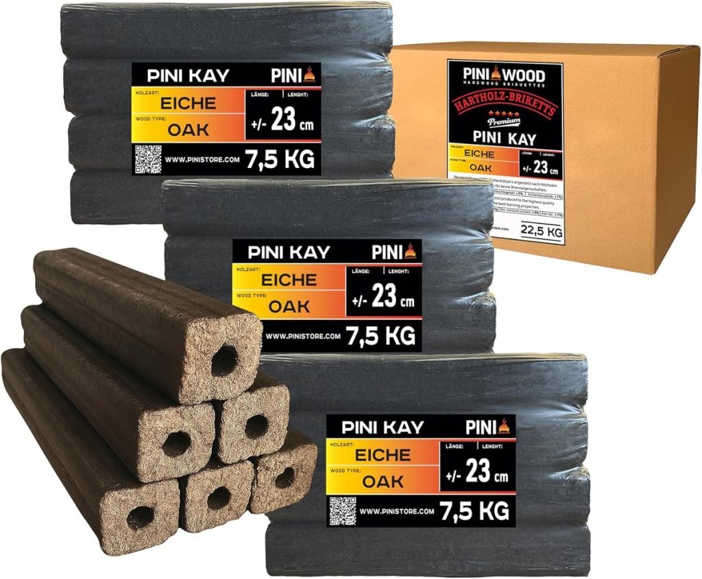 PINI Kay Briquetas de madera de roble, 23 cm de largo, cuadradas con agujero de tracción, 22,5 kg, briquetas de madera dura, briquetas de madera de roble, chimenea, horno y barbacoa