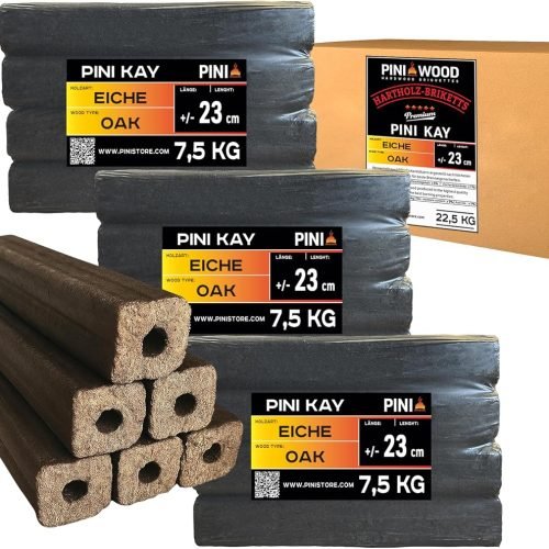 PINI Kay Briquetas de madera de roble, 23 cm de largo, cuadradas con agujero de tracción, 22,5 kg, briquetas de madera dura, briquetas de madera de roble, chimenea, horno y barbacoa