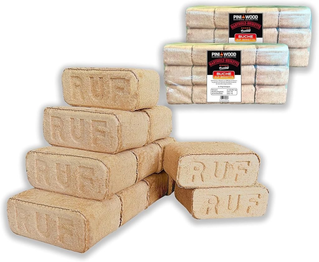 PINI Briquetas de madera, 100 % haya, briquetas de madera dura, RUF, chimenea, estufa, barbacoa, hoguera, leña, 20 kg