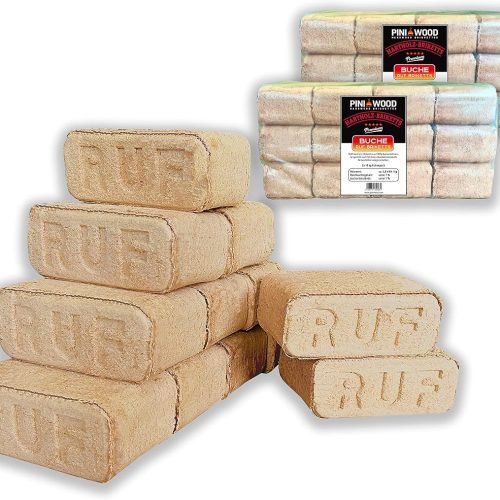 PINI Briquetas de madera, 100 % haya, briquetas de madera dura, RUF, chimenea, estufa, barbacoa, hoguera, leña, 20 kg