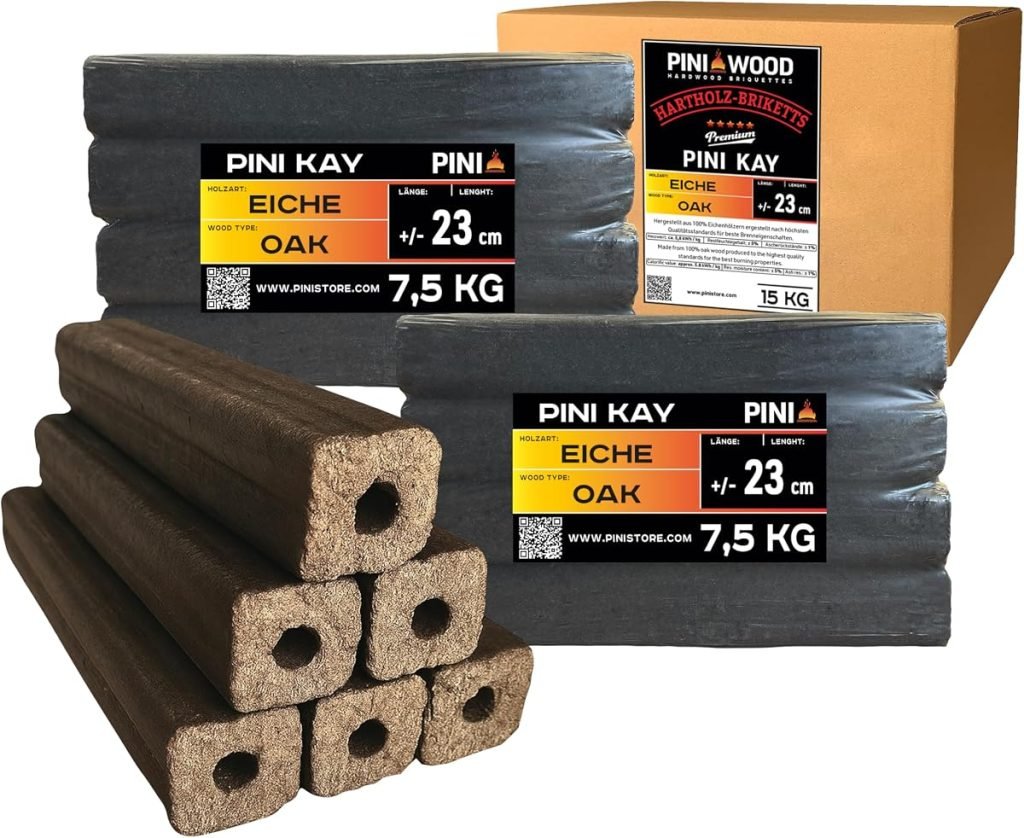 PINI Kay Briquets de roble de 23 cm de largo cuadrados con orificio de extracción 15 kg Briquets de madera dura Leña de roble para chimenea, estufa, fuego abierto, parrilla