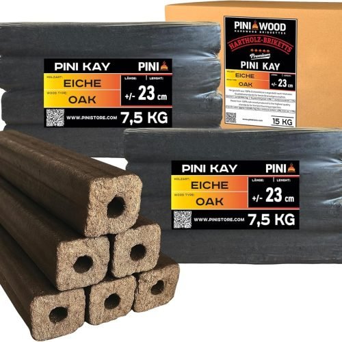 PINI Kay Briquets de roble de 23 cm de largo cuadrados con orificio de extracción 15 kg Briquets de madera dura Leña de roble para chimenea, estufa, fuego abierto, parrilla