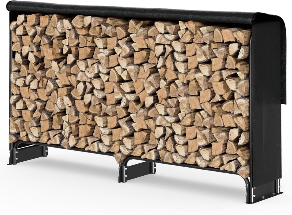 VOUNOT® Soporte de Madera 2 Metros con Cubierta Impermeable, Estante de Registro de Chimenea para Troncos Registro de Leña con Tapa Soporte Almacenamiento de Madera para Interiores al Aire Libre Negro