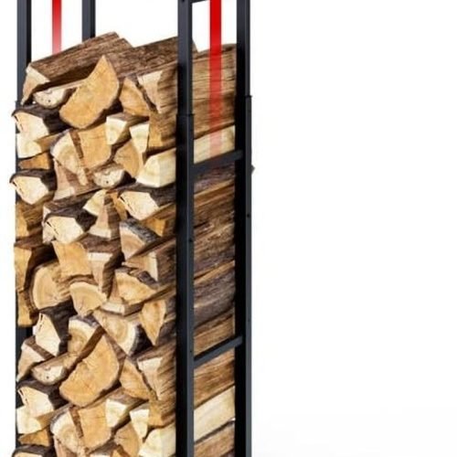 VOUNOT® Soporte de Madera Vertical de Metal Ajustable de 3 Niveles, 45 x 32 x 120-170 cm, Leñero con Estantería Integrada, Estante de Registro de Chimenea para Interior y Exterior, Negro