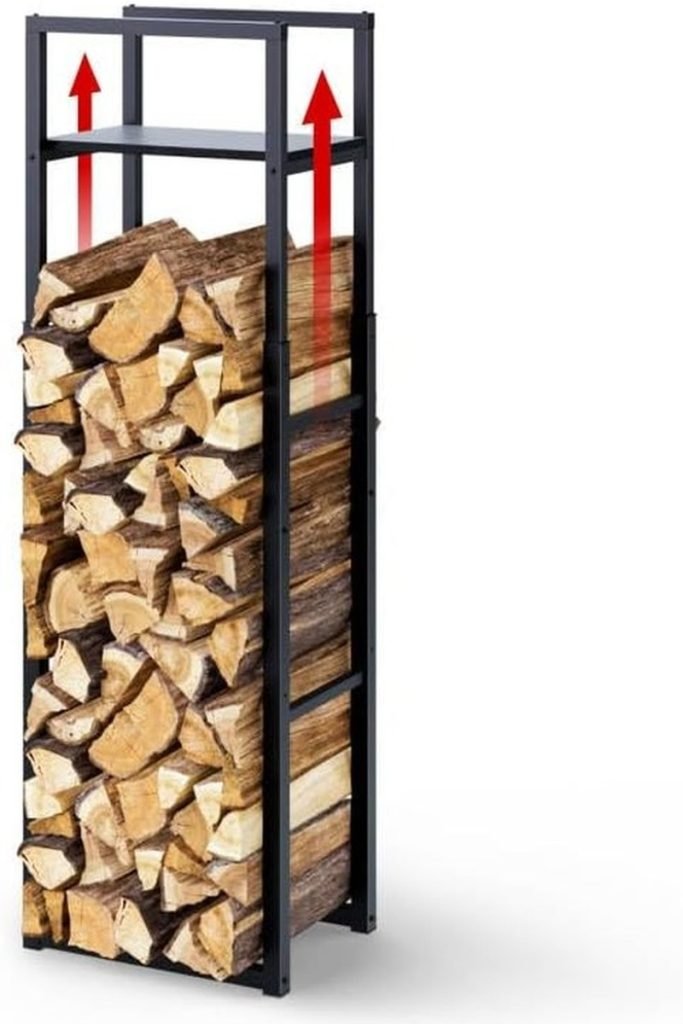 VOUNOT® Soporte de Madera Vertical de Metal Ajustable de 3 Niveles, 45 x 32 x 120-170 cm, Leñero con Estantería Integrada, Estante de Registro de Chimenea para Interior y Exterior, Negro