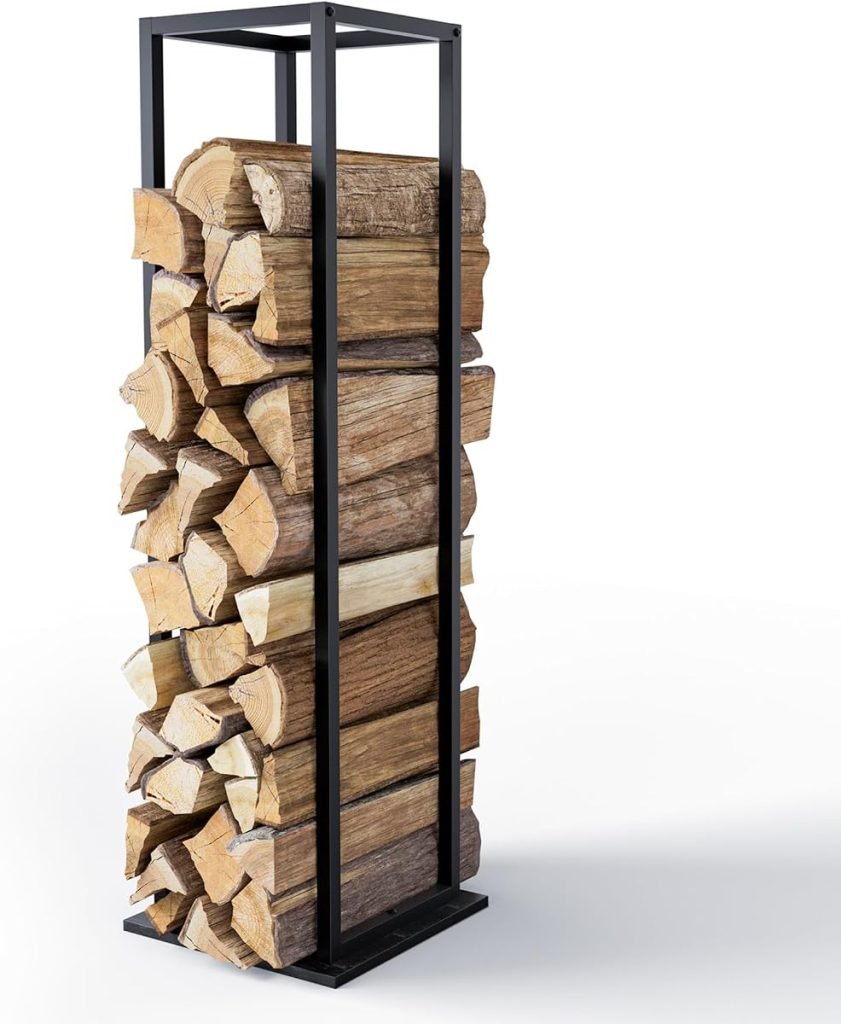 VOUNOT® Soporte de Madera Vertical de Metal 33 x 33 x 112 cm, Leñero con Estantería, Estante de Registro de Chimenea para Interior y Exterior, Negro