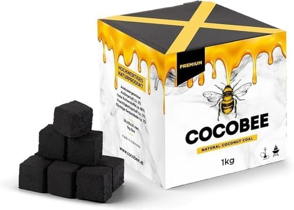 COCOBEE 1KG Carbón de Coco Natural para Shisha y Barbacoa 26mm Alta Combustión Encendido Rápido con Calor Uniforme Baja Ceniza para Cachimba Hookah BBQ Premium DISPAU