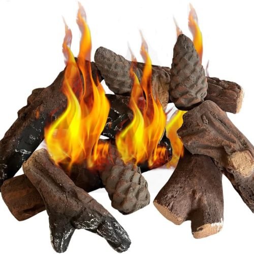 Ukiyo Leña de cerámica de 10 piezas – Madera de cerámica para chimenea de etanol y de gas, resistente al calor hasta 1000 grados, troncos decorativos con 3 piñas