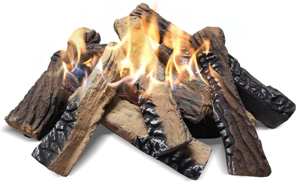 Leños de Chimenea de Gas, ATR Juego de 10 Piezas de Troncos de Chimenea de imitación de cerámica Grandes para hogueras de Interior y, Electricidad, decoración de chimeneas Madera Artificial