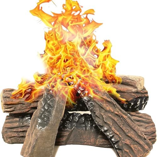 Heyfurni Troncos de chimenea de gas, 5 troncos grandes de cerámica para leña, decoración navideña para hoguera de propano, troncos realistas para chimenea