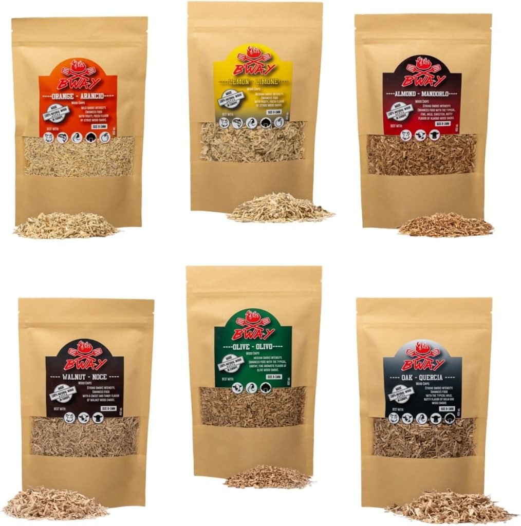 BWAY Madera para Ahumador de Alimentos Profesional - Olivo, Naranja, Almendra, Limón, Nuez y Roble (6 x 400 ml)- Ebook de Regalo con 20 Recetas - Regalos para Chefs - Ideales para Ahumar