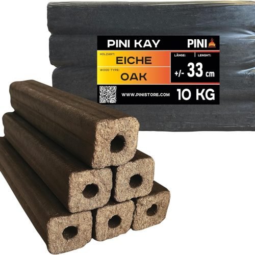 PINI Kay Briquets de roble de 33 cm de largo, cuadrados con orificio de extracción, 10 kg de briquetas de madera dura, leña, briquetas de madera, roble, para chimenea, estufa, fogata, parrilla