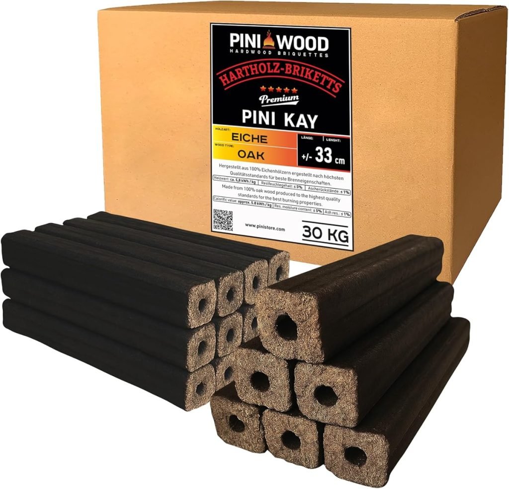 PINI Kay Briquetas de madera de roble, 33 cm de largo, cuadradas con agujero de tracción, 30 kg, briquetas de madera dura, briquetas de madera de roble, chimenea, horno, chimenea, barbacoa
