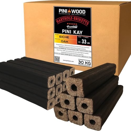 PINI Kay Briquetas de madera de roble, 33 cm de largo, cuadradas con agujero de tracción, 30 kg, briquetas de madera dura, briquetas de madera de roble, chimenea, horno, chimenea, barbacoa
