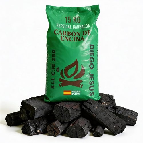 Carbón Vegetal de Encina 15 kg para Barbacoas Alto Poder Calorífico Encendido Rápido Brasas Duraderas Trozos Grandes Bajo Humo Ideal para Parrilla y Asados
