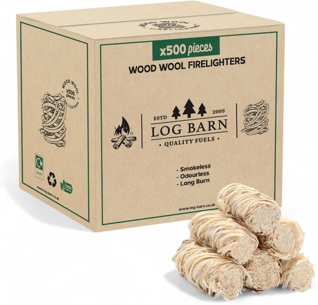 Log Barn Encendedores Naturales - Caja de 500, Pastillas de Encendido para Barbacoa, Estufas de Leña, Hornos de Pizza, Chimeneas, Lana de Madera para Encender Fuego - Auténtica Leña Log Barn